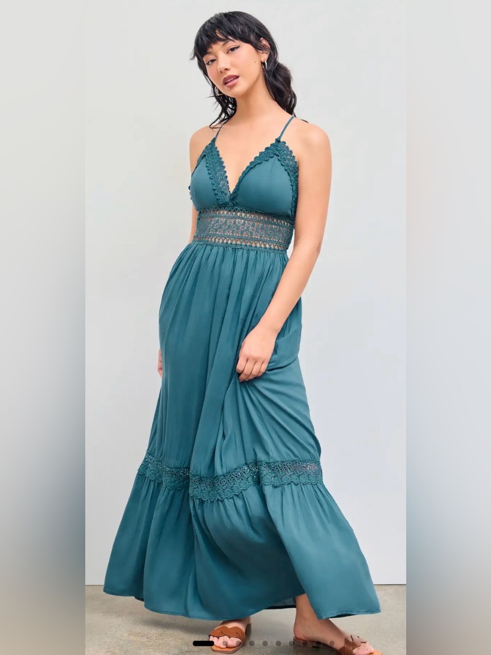 Cider Teal Blue Solid Lace Trim Tiered Maxi Dress.  Sz Small